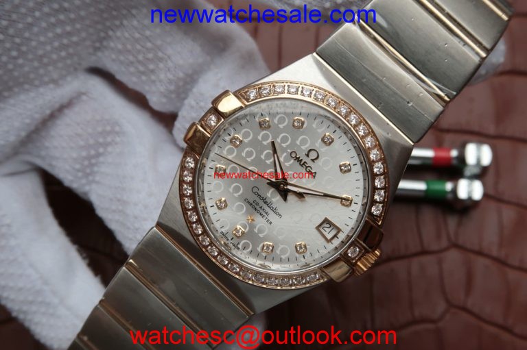 Fashion Omega V6 Constellation 35mm White �� Dial Diamonds Bezel Bracelet Watch00526