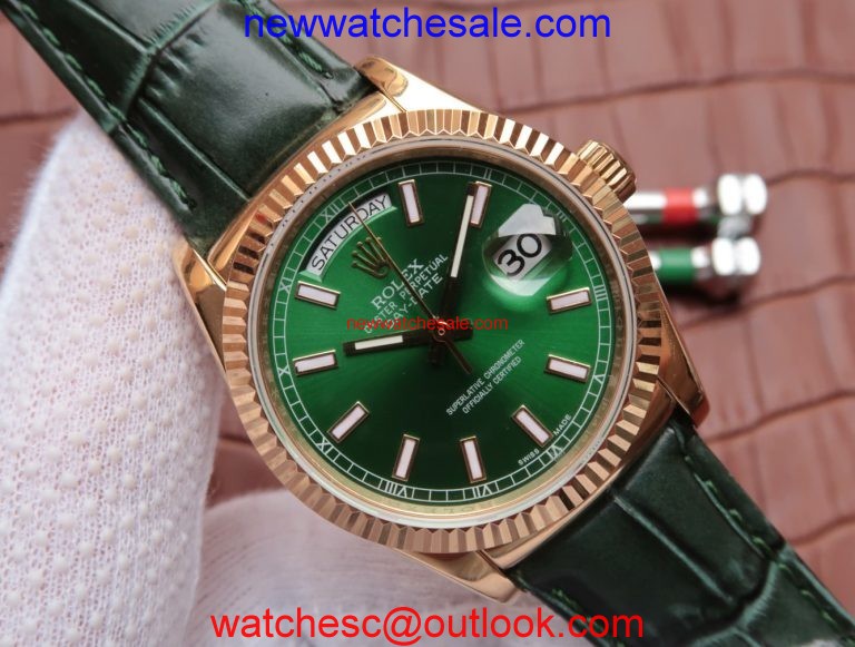 High Quality Fake Rolex Day-Date 118138 Green Dial Green Leather Strap Rolex Watch00410