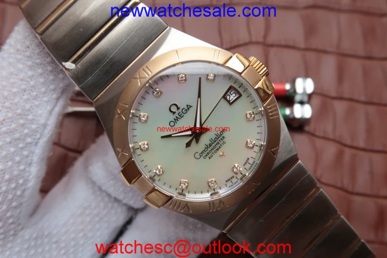 High Quality Replica Omega V6 Constellation 35mm White MOP Dial Bezel Diamonds Markers Bracelet Watch00163