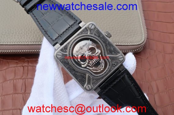 Imitation Bell-&-Ross BR01 Burning Skull Tattoo Watch Antique Dial Black Leather Strap Watch00054