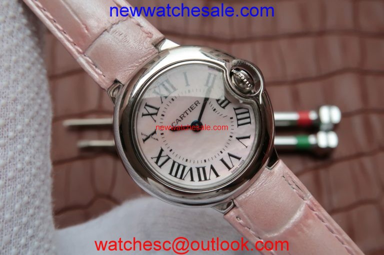 Imitation Cartier Ballon Bleu Ladies 28MM White Dial Pink Leather Strap Ronda Quartz Cartier Watch01199