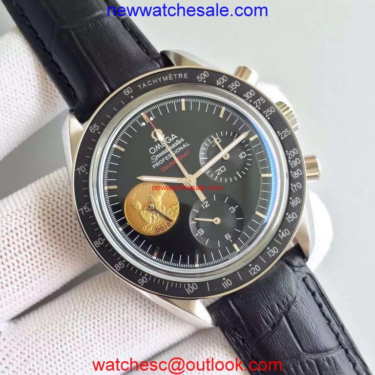 Imitation Omega Speedmaster apollo 11 40th anniversary Black Dial Leather Omega Watch00096