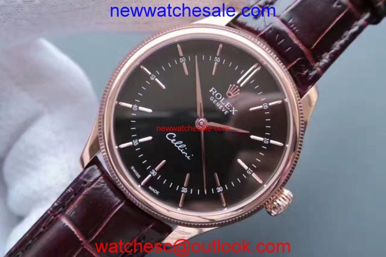 Imitation Rolex MK Cellini Time 50505 Black Dial Leather Strap Rolex Watch00787