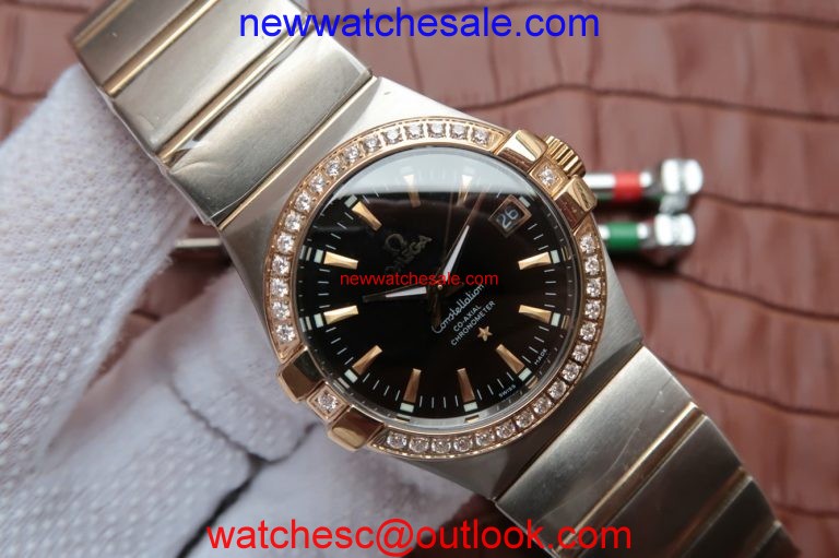 Knockoff Omega V6 Constellation 35mm Diamonds Bezel Black Dial Bracelet Watch00811