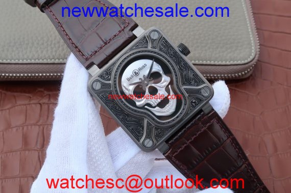 Luxury Bell-&-Ross BR01 Burning Skull Tattoo Watch Silver Dial Brown Leather Strap Watch00339