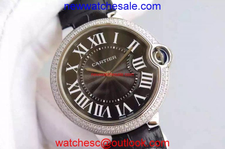 Luxury Cartier Ballon Bleu 40mm Diamonds Bezel Black Dial Leather Strap Cartier Watch00829
