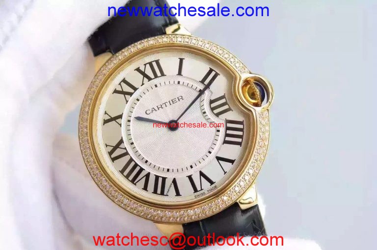 Luxury Cartier Ballon Bleu 40mm Diamonds Bezel White Dial Leather Strap Watch00648