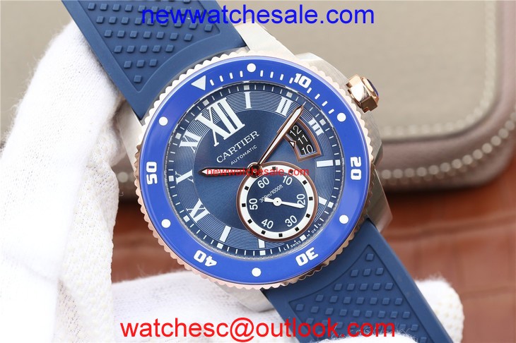 Luxury Cartier J Calibre De Cartier Diver Blue Dial Mark Blue Rubber Strap Cartier Watch00269
