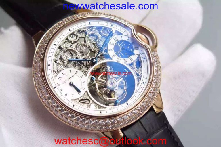 Quality Cartier Ballon Bleu Skeleton Tourbillon Diamond Bezel White Dial Watch00349