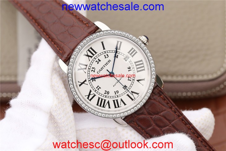 Replica Cartier Ronde De Cartier White Dial Diamonds Bezel Croco Strap Watch00764