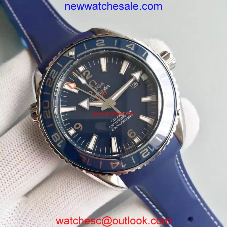 Replica Omega Planet Ocean GMT Blue Dial Silver Markers Blue Rubber Strap Omega Watch01321