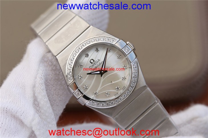 Replica Omega V6 Constellation 27mm Silver Dial Diamonds Bezel Bracelet Ronda Quartz Omega Watch00148