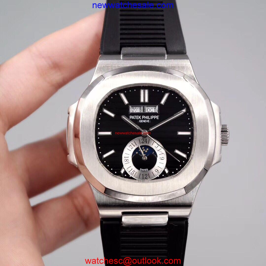 Replica Patek-Philippe Nautilus 5726 Complicated Black Textured Dial Rubber Strap Watch00678