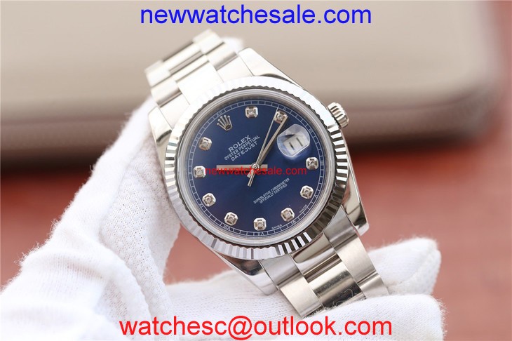 Replica Rolex DateJust 41mm 126334 Fluted Bezel Blue Dial Diamonds Markers Bracelet Watch00521