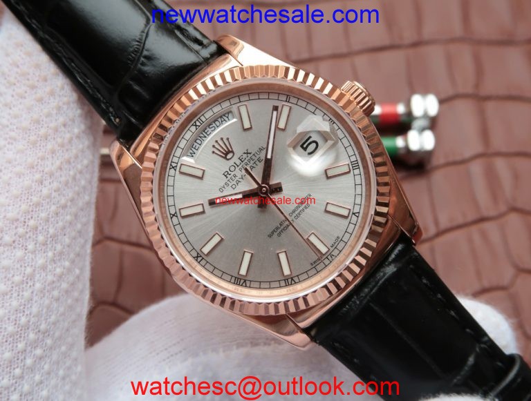 Rolex Day-Date 118135 Silver Dial Black Leather Strap Rolex Watch00043