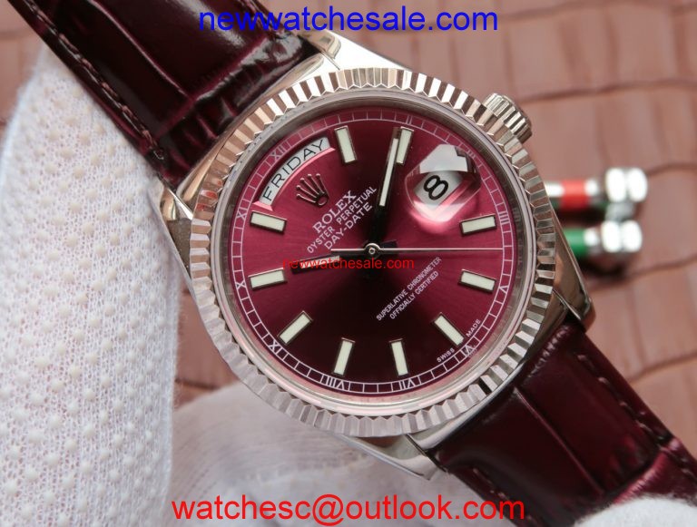 Rolex Day-Date 36mm 118139-L Red Dial Stick Markers Brown Leather Strap Watch01020