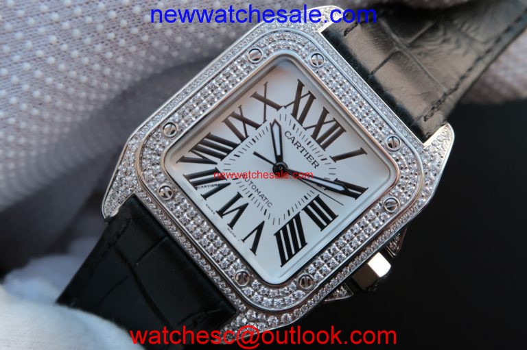 Top Cartier V6 Santos 100 41mm White Dial Diamond Bezel Black Leather Strap Watch00417